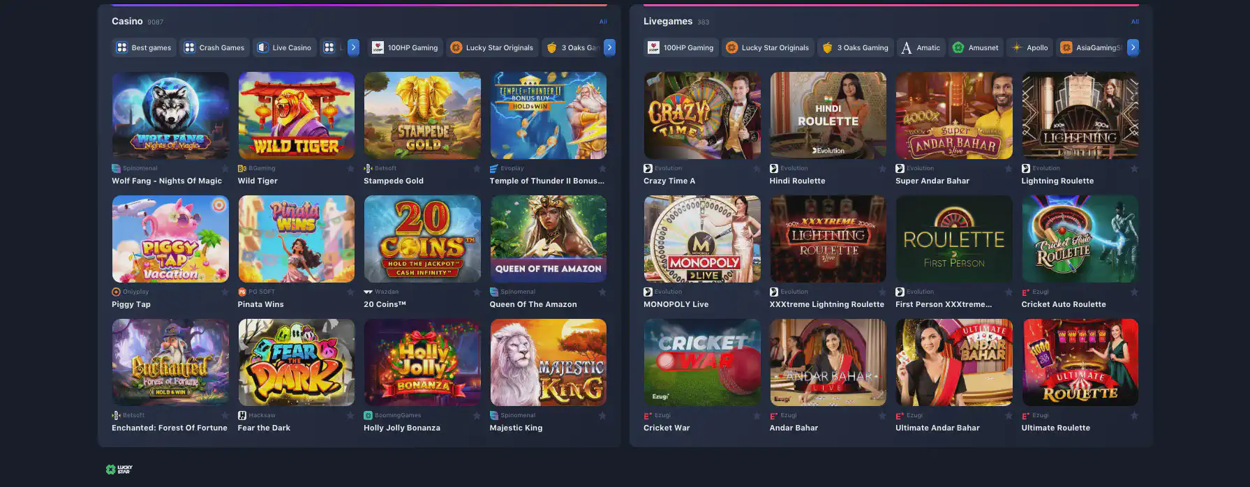 Overview of Lucky Star games list in casino